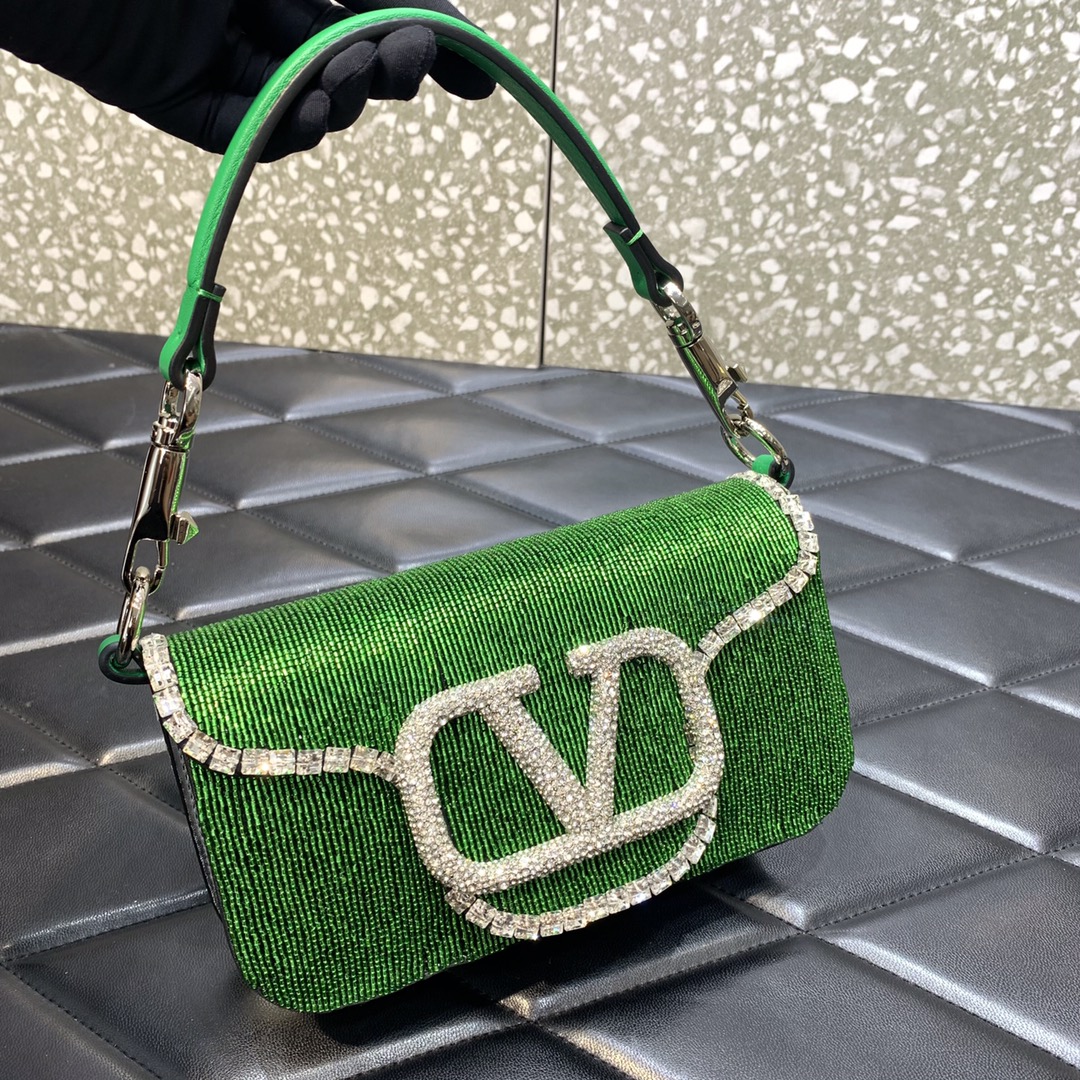 Valentino Garavani Loco Small Shoulder Bag in Green Embroidered With Leather 